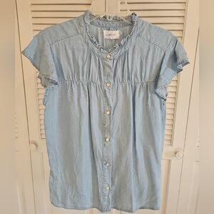 Dear John Denim Button Down Blue Short Sleeve Blouse Medium Tencel Lightweight